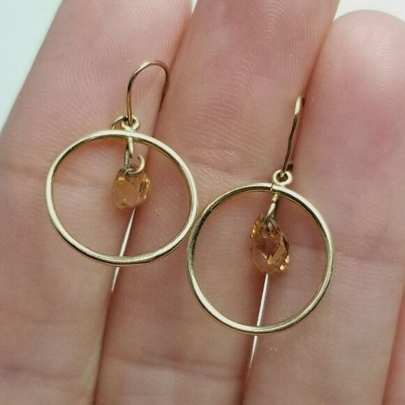 10k Yellow Gold Earrings, Dangle Hoops with Faced Beads, 0.8 Grams AS IS - Picture 8 of 8